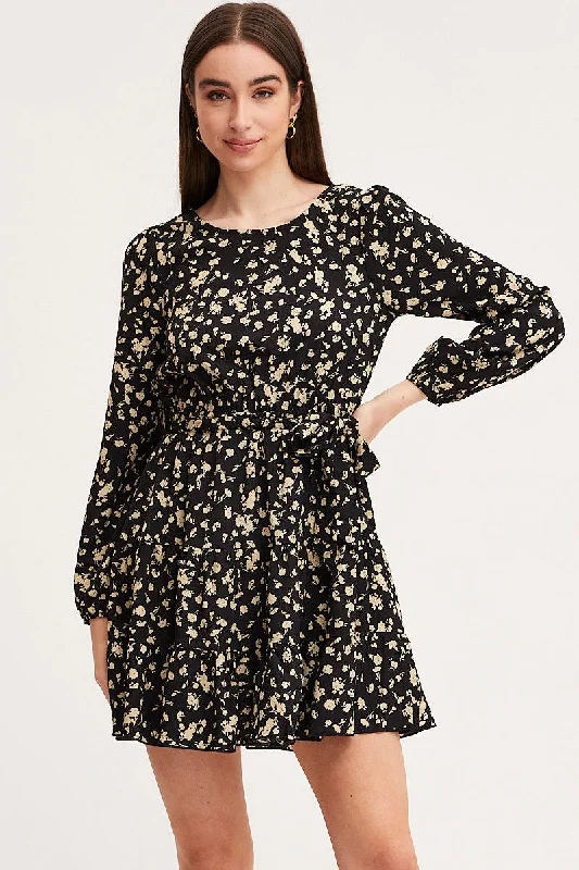 Women's Stylish Casual Garments Print Mini Dress Long Sleeve Round Neck