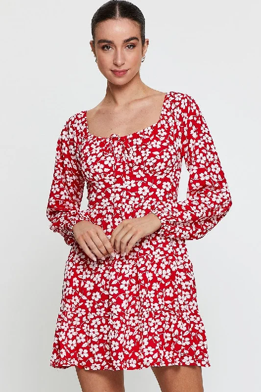 Casual Garments For Women Print Mini Dress Long Sleeve Square Neck