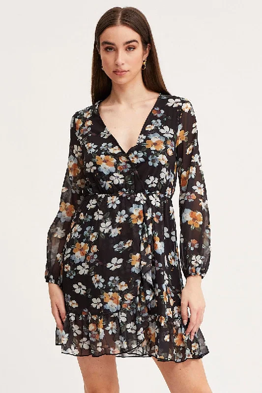 Women's Comfortable Garments Print Mini Dress Long Sleeve V Neck