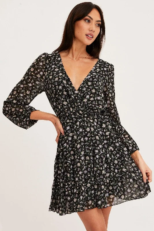 Women's High-Fashion Attire Print Mini Dress Long Sleeve V Neck