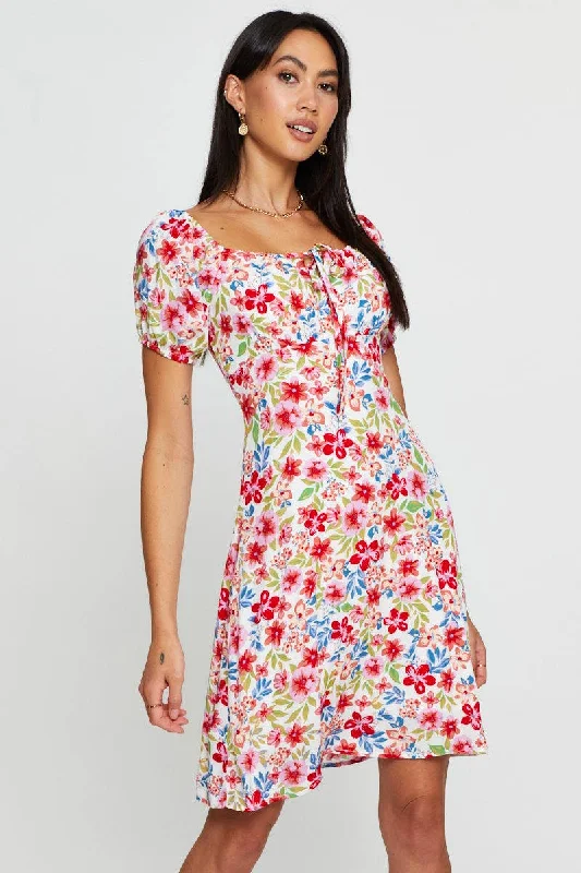 Women's Trendy Casual Outfit Print Mini Dress Short Sleeve Scoop Neck