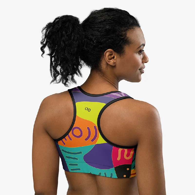 Women's Comfortable Lounge Garments Printed Sports Bra "Funky Batik" Green/Blue/Magenta