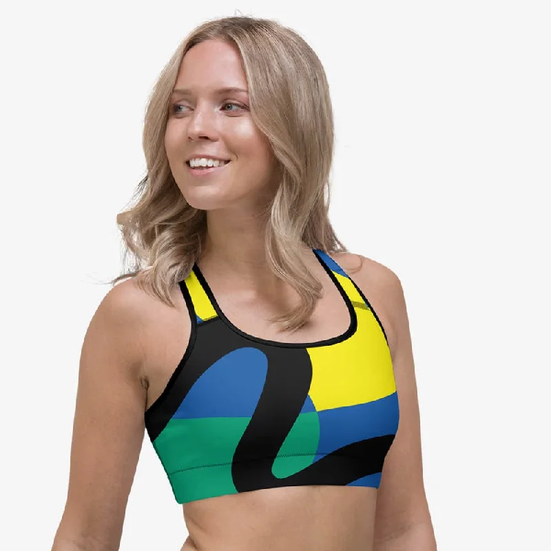 Women's Luxury Apparel Printed Sports Bra "Surrealist" Yellow/Green/Blue