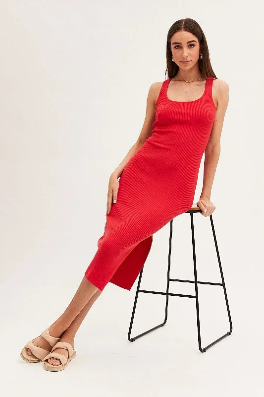 Women's Party Clothes Red Bodycon Midi Dress Round Neck Knit