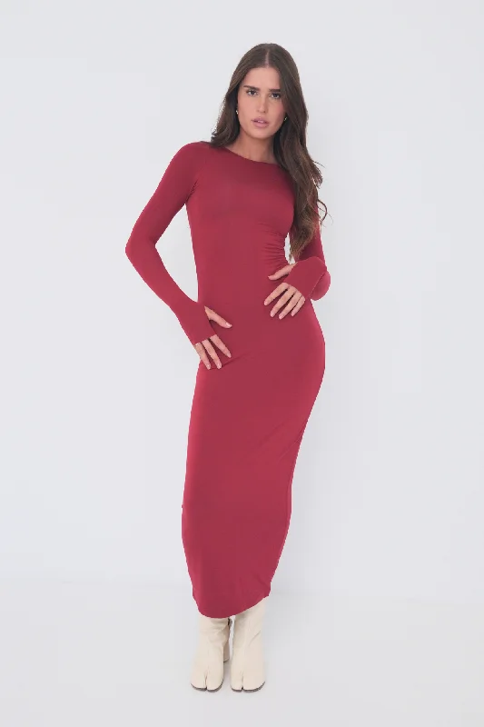 Stylish Women's Garments For Holidays Sculpt Long Sleeve Dress - Cherry Red