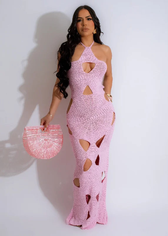 Women's Clothing For Outdoor Events Sweet Summer Crochet Midi Dress Pink