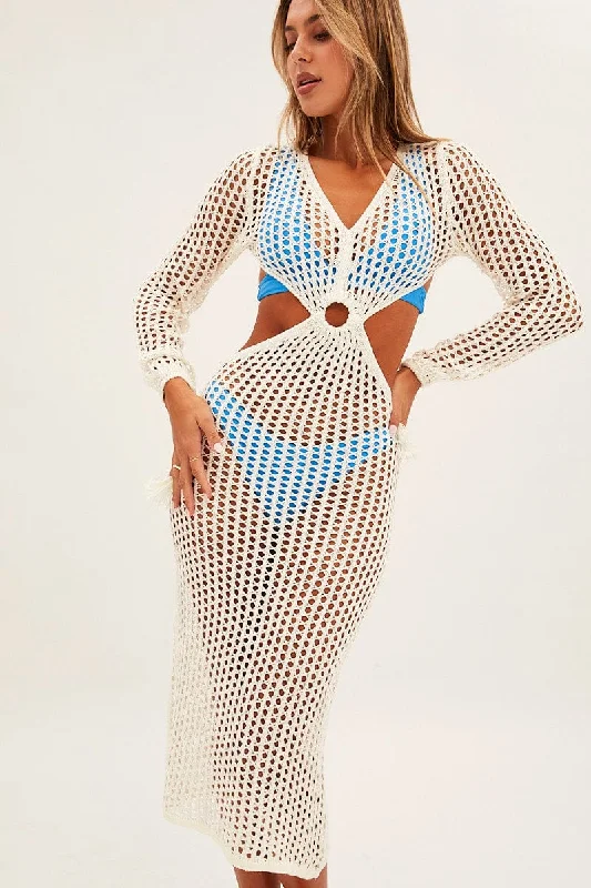 Women's Casual Outfit White Crochet Cutout Knit Dress