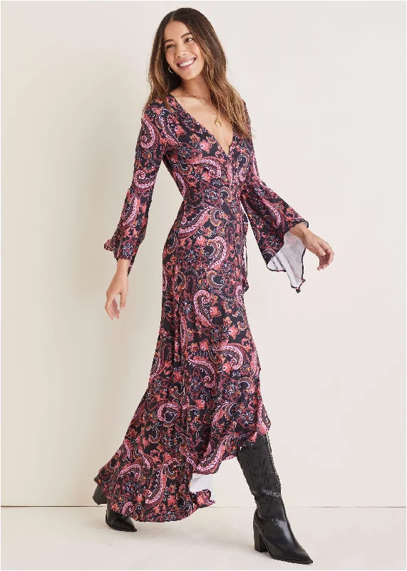 Stylish Outerwear Clothing For Women Paisley Wrap Maxi Dress - Multi-Paisley