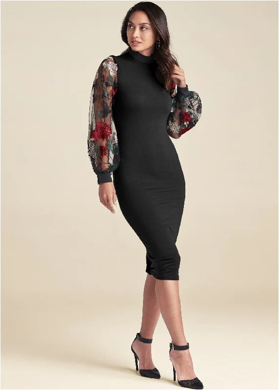 Formal Outfit For Women Embroidered Floral Puff Sleeve Dress  - Black Multi