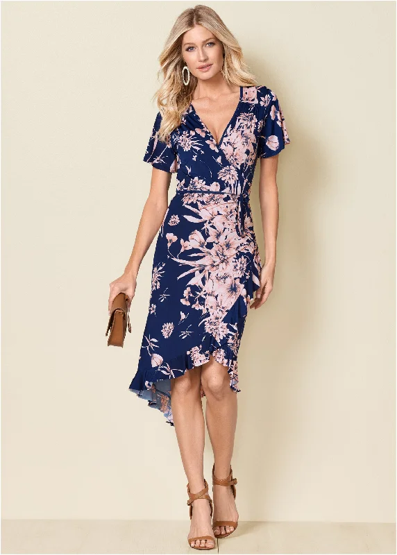 Women's Travel Attire Floral Print Wrap Dress - Navy Multi