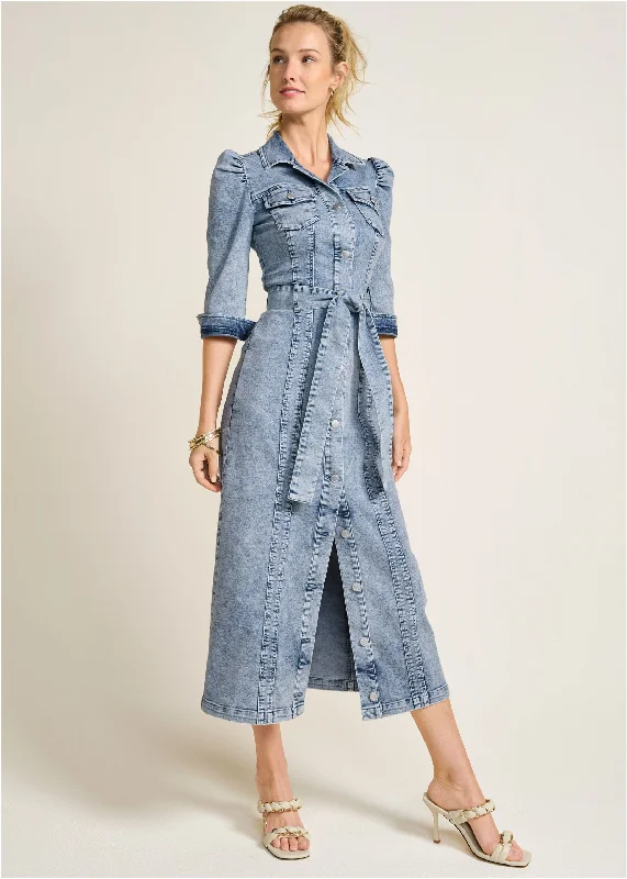 Women's Plus-Size Clothes Tie-Waist Denim Midi Dress - Acid Wash