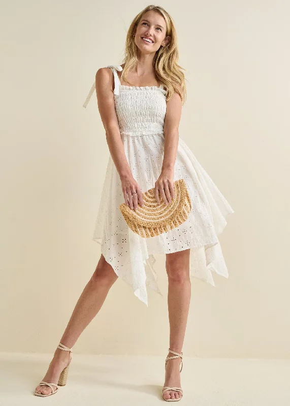 Women's Evening Attire Smocked Top Eyelet Dress  - Off White