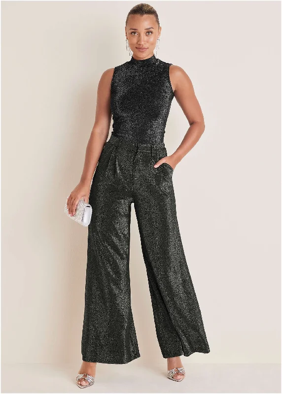 Women's Wedding Apparel Glitter Knit Wide Leg Pants - Jet Black Glitter Knit