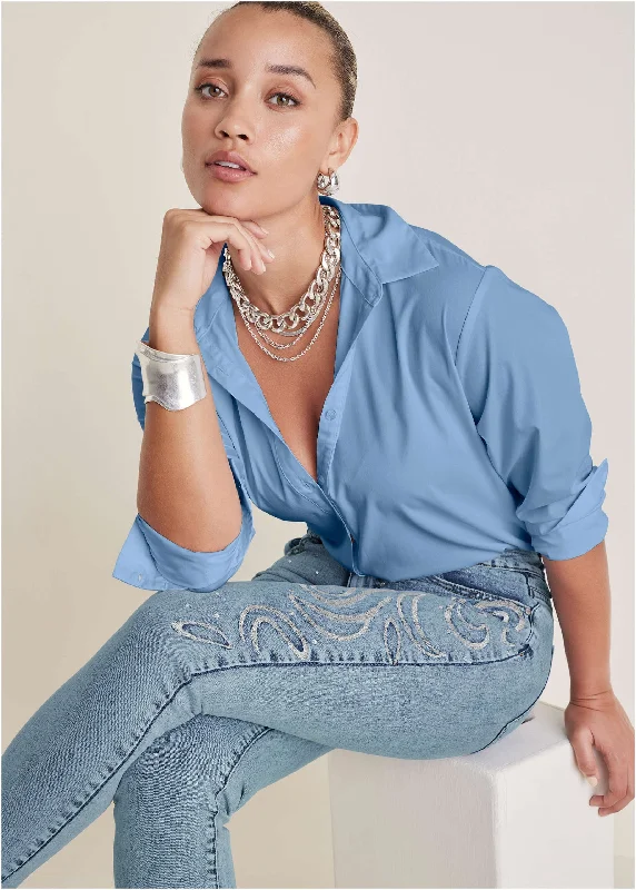 Women's Office Attire Rhinestone Embroidered Jean - Light Wash
