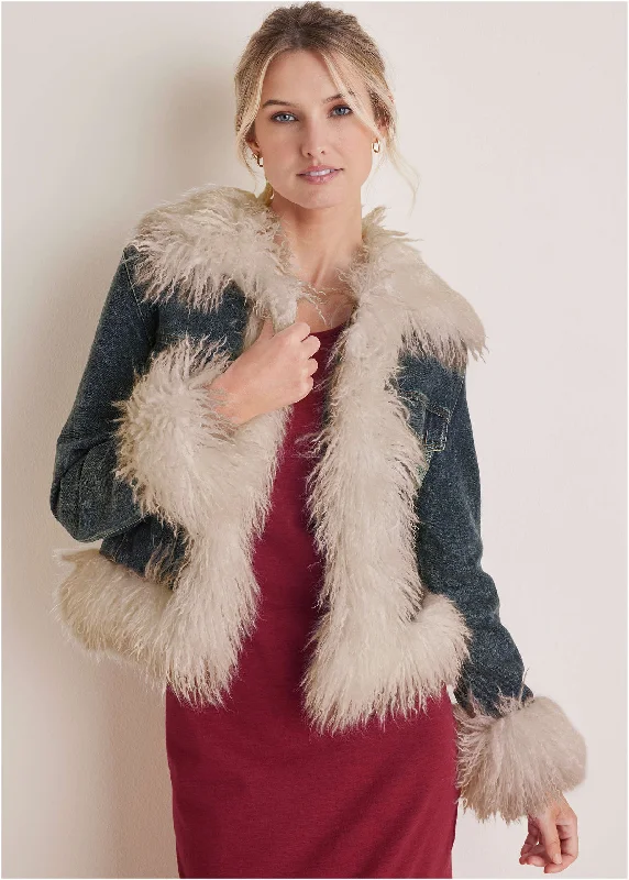 Women's Trendy Apparel Denim Shearling Jacket - Dark Wash