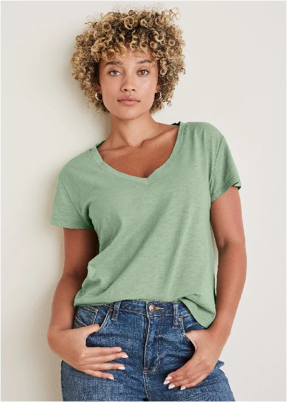 Stylish Women's Outerwear Apparel Cotton Slub V-Neck Tee - Basil