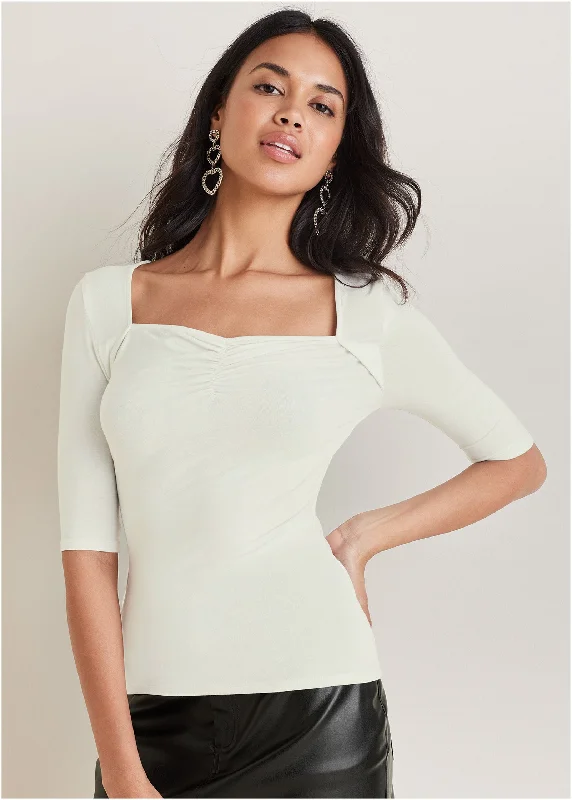 Women's Activewear Outfit Sweetheart Short Sleeve Top - Off White