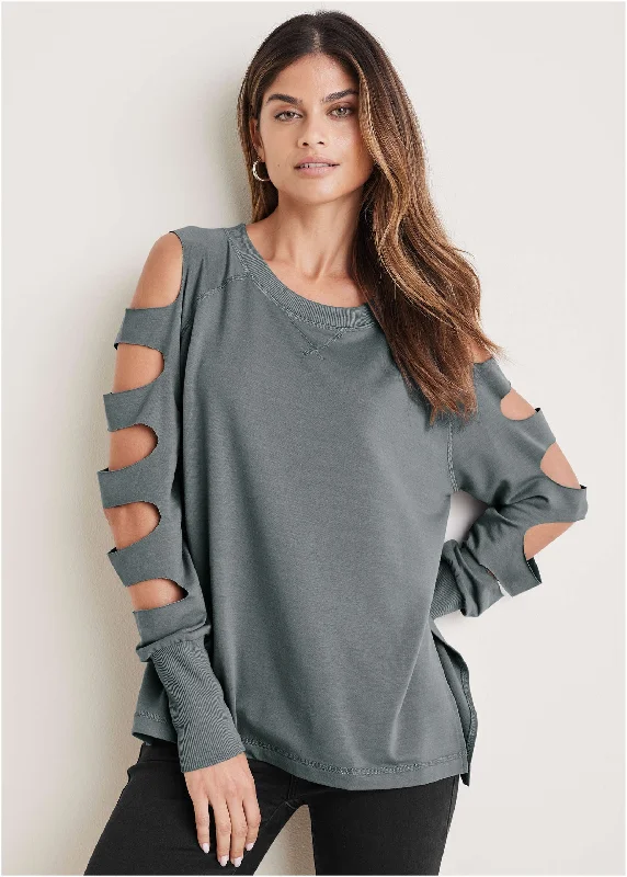 Elegant Women's Attire Cutout Sleeve Sweatshirt - Seafog