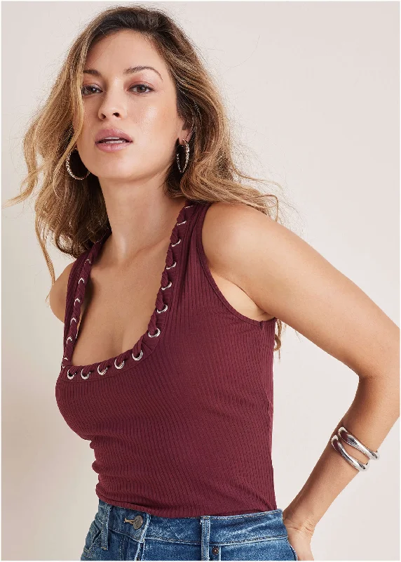 Women's Clothing Sets Lace-Up Square Neck Tank - Wine