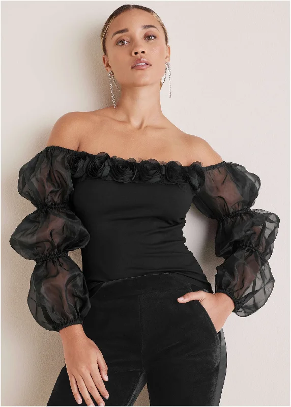 Women's Clothing Sets Rosette Puff-Sleeve Top - Black