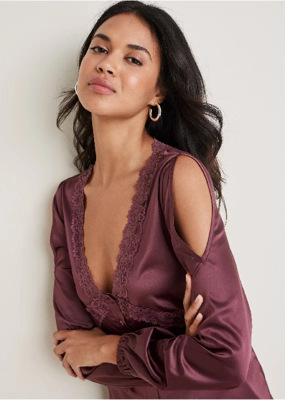 Fashion-Forward Women's Clothing Lace Cold Shoulder Blouse - Wine