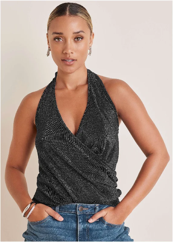 Women's Trendy Clothes Glitter Knit Wrap Tank - Jet Black Glitter Knit