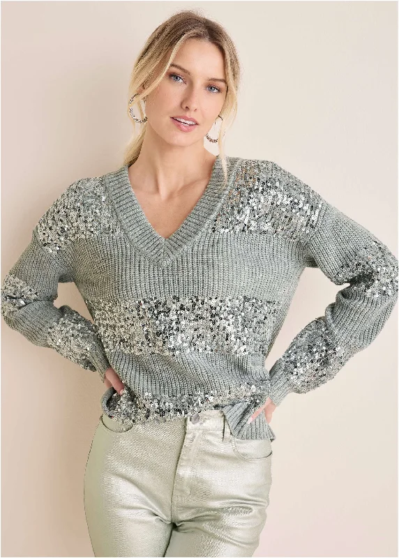 Chic Clothing For Women Sequin V-Neck Sweater  - Light Heather Grey