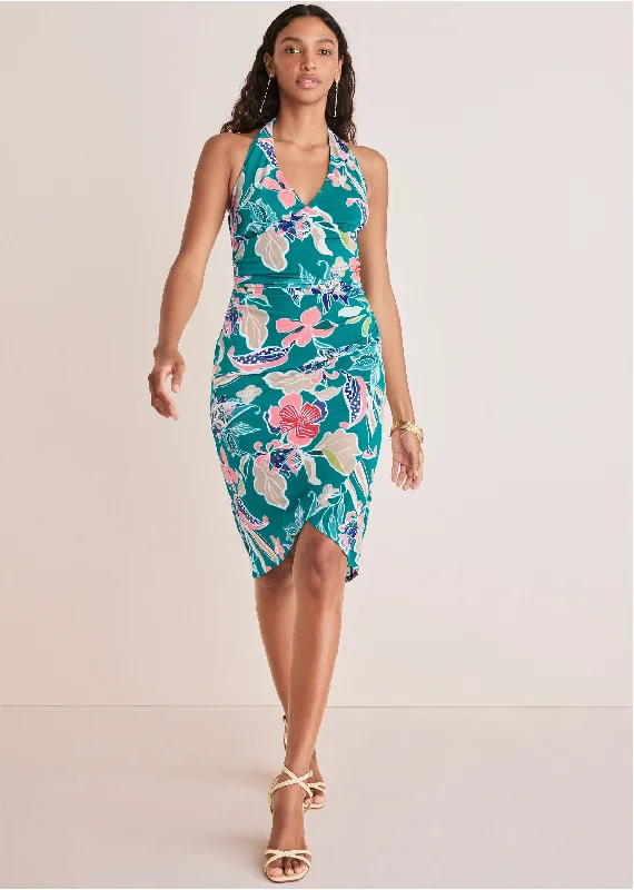 Women's Fashionable Attire For Work Halter Wrap Dress - Paradise Floral