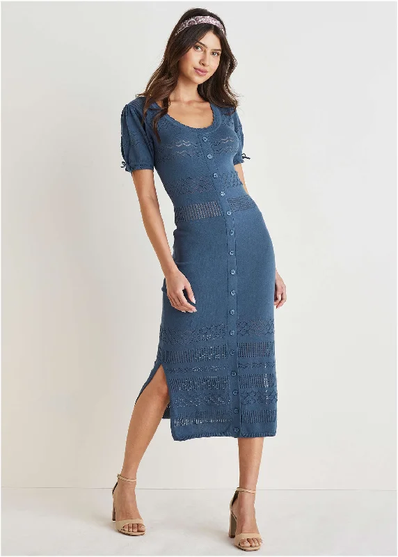 Fashionable Women's Clothes Pointelle Midi Dress - Navy