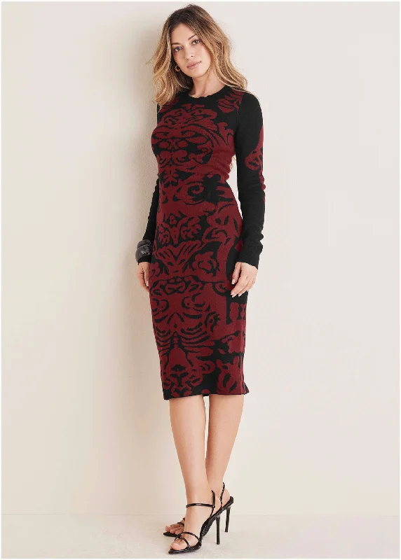 Women's Vintage Attire Printed Midi Sweater Dress - Black & Wine