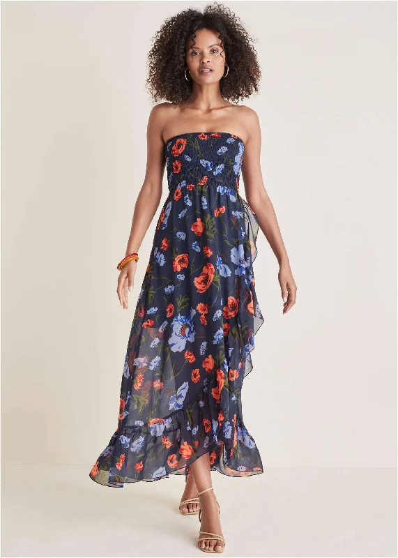 Women's Stylish Professional Apparel Strapless Smocked Maxi - Forest Floral Iris