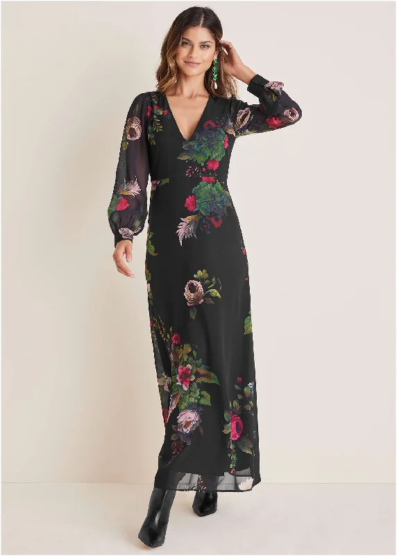 Women's Athleisure Apparel V-Neck Floral Maxi Dress - Black Multi
