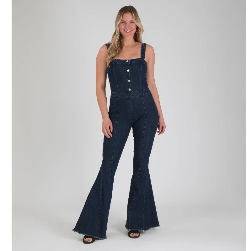 Women's Contemporary Apparel Denim Flare Leg Button Up Jumpsuit