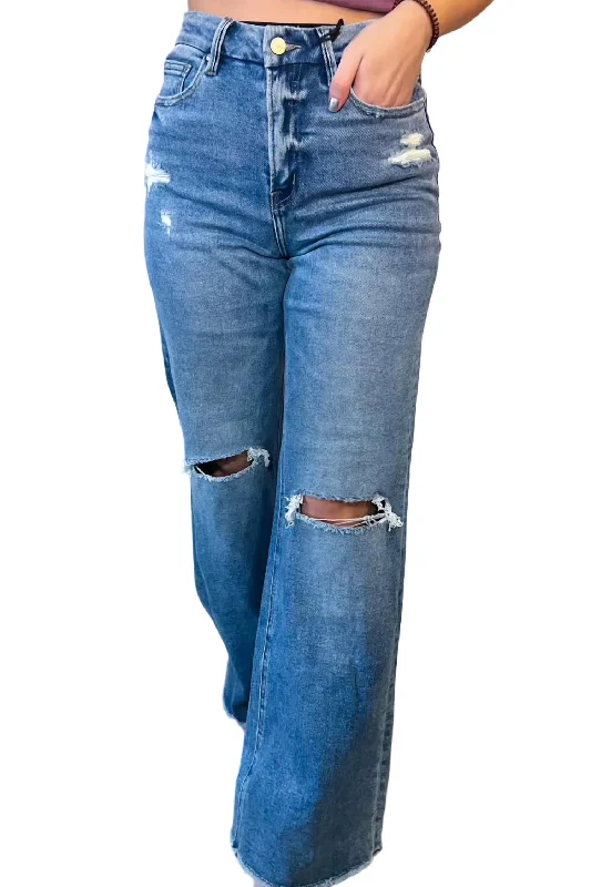 Women's Plus-Size Casual Outfit Becca Wide Leg Distressed Denim Jean In Blue