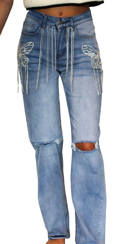 Women's Activewear Garments Butterfly Rhinestone Denim Jean In Blue