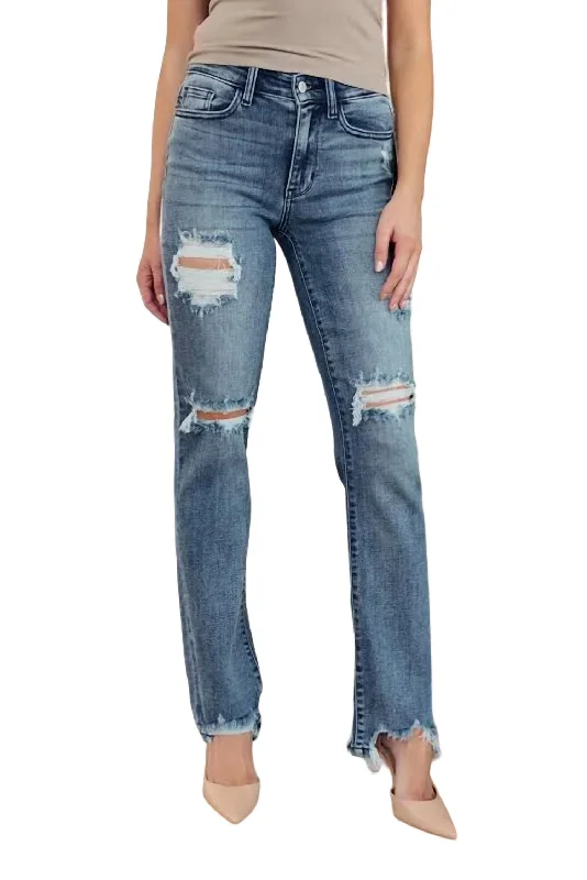 Women's Relaxed Outfit Destroyed Straight Leg Jean In Medium Wash