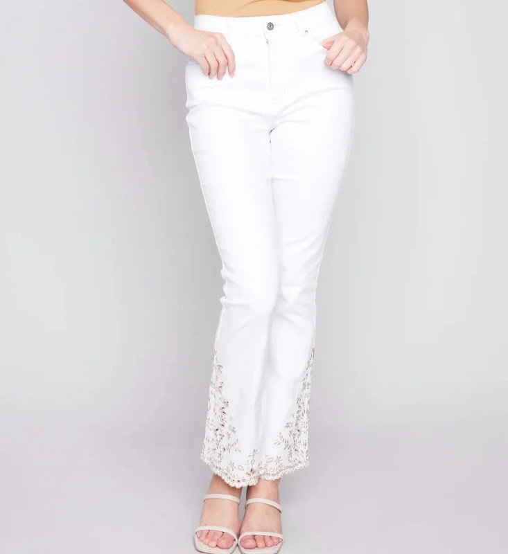 Women's Comfortable Lounge Attire Embroidered Hem Pant In White