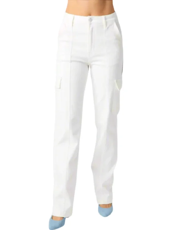 Women's Fashionable Attire For Work High Rise Cargo Straight Leg Jeans In White