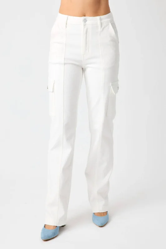 Comfortable Garments For Women High Waist Cargo Straight Leg Jean In White