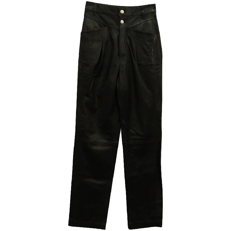 Women's High-Fashion Outfit Iro Heim Pleated Straight Leg Pants in Black Leather