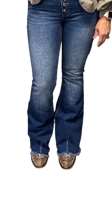 Women's Party Outfit Mid Rise Button Fly Flare Jeans In Deep Blue
