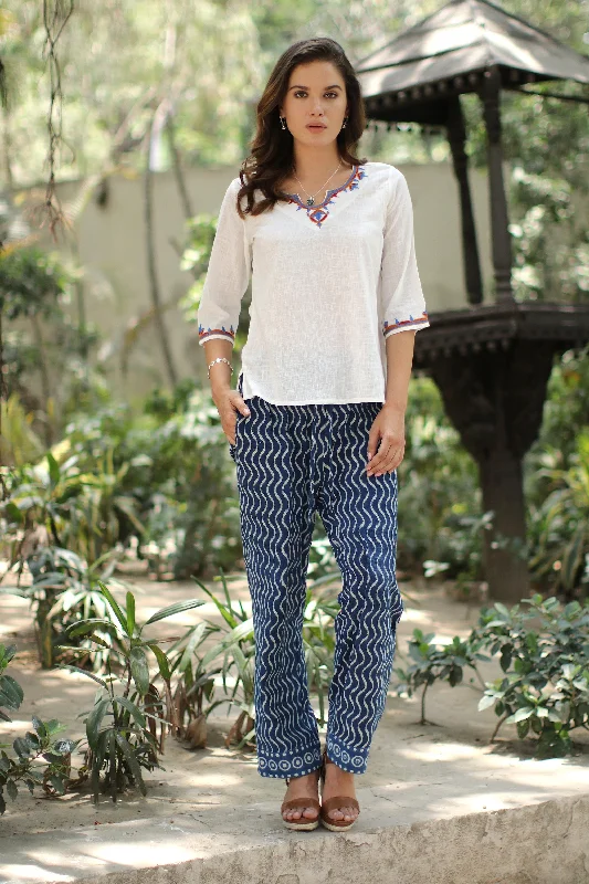Women's Travel Garments Steps Zigzag Block-Printed Cotton Pants from India