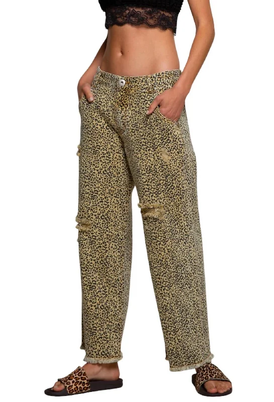 Women's Formal Event Attire Wide Straight Leg Leopard Print Crop Vintage Denim In Mustard
