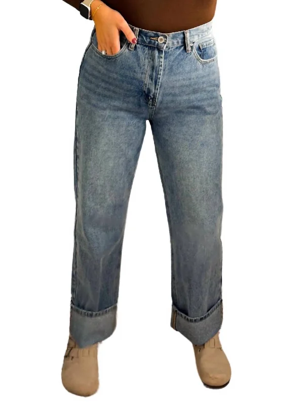 Women's High-End Clothing Cuffed Boyfriend Denim Jeans In Blue