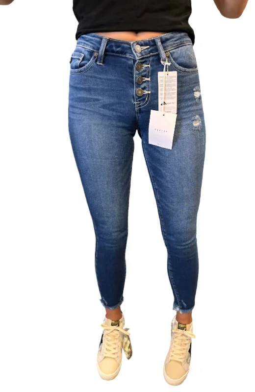 Comfortable Outfit For Women Gemma Button Skinny Jeans In Mid Wash Denim