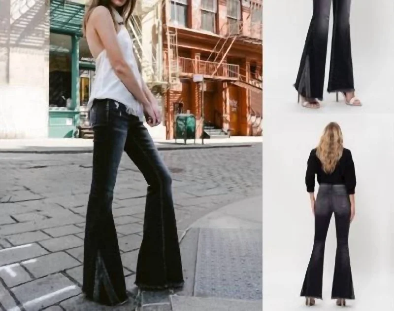 Trendy Athleisure Clothing For Women High Rise Flare Jeans W/ Contrast Panel In Faded Black