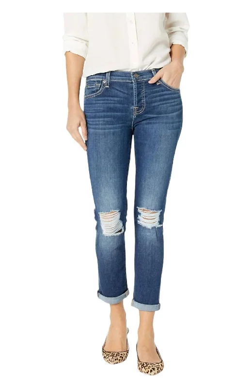 Casual Outfit For Women Mid Rise Destroyed Denim Jeans In Navy