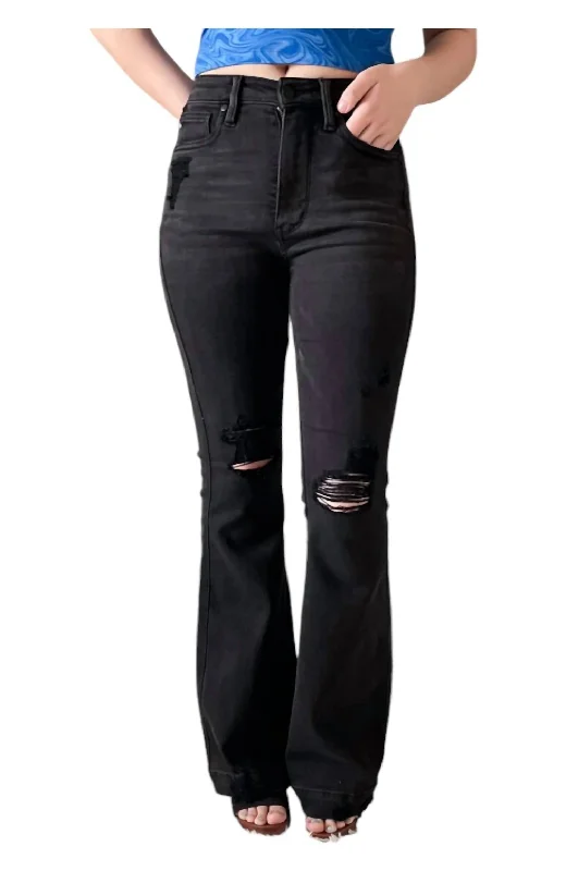 Formal Outfit For Women Tummy Control Destroy Flare Jeans In Black